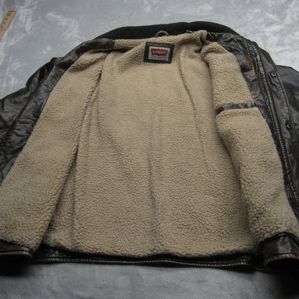 Levis Faux Leather Jacket Mens Large‎ Brown Sherpa Fleece Lined Full Zip Trucker - Picture 6 of 16